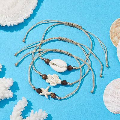 3Pcs 3 Styles Natural Shell & Synthetic Turquoise Braided Bead Bracelets Set BJEW-JB10024-1
