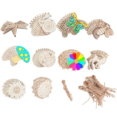 100 Sets 10 Style Unfinished Wood Pendant Decorations AJEW-AR0001-70-1