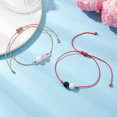 2Pcs Natural Rose Quartz & Eyeless Obsidian 
& Malaysia Jade Beads with Korean Waxed Polyester Cord Bracelets BJEW-JB12887-1