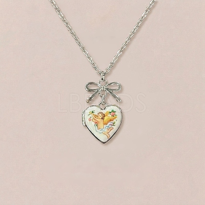 Brass Enamel Bowknot Angel Heart Photo Locket Pendant Necklaces for Women KK-CBAF5B9-03P-1