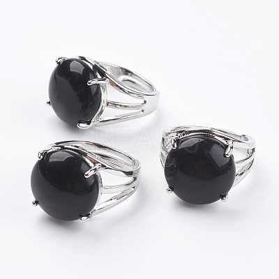 Adjustable Natural Dyed & Heated Black Agate Finger Rings RJEW-F075-01M-1