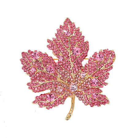 Autumn Maple Leaf Light Gold Alloy Rhinestone Brooch Pins PW-WG57699-03-1