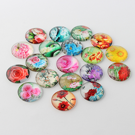 Flower Printed Glass Cabochons GGLA-A002-20mm-BB-1