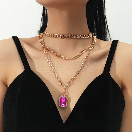 3Pcs Elegant Alloy Fuchsia Rhinestone Rectangle Pendant 3 Layer Necklaces Sets QV2693-1-1