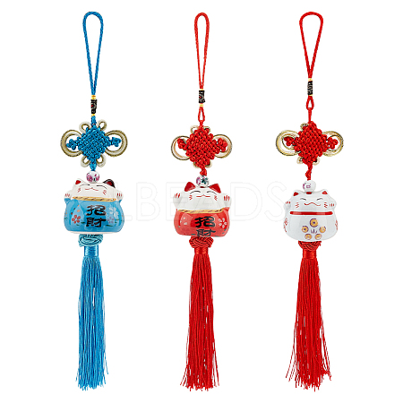 AHADEMAKER 3Pcs 3 Colors Ceramic Lucky Cat Car Pendant Decorations HJEW-GA0001-29-1