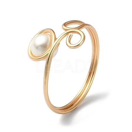 Alloy Wire Wrap Open Cuff Ring with Shell Pearl RJEW-TA00095-1