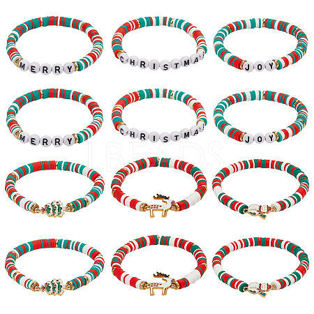 12Pcs 2 Sets Christmas Theme Polymer Clay Heishi Beaded Stretch Bracelets BJEW-ME0001-17A-1