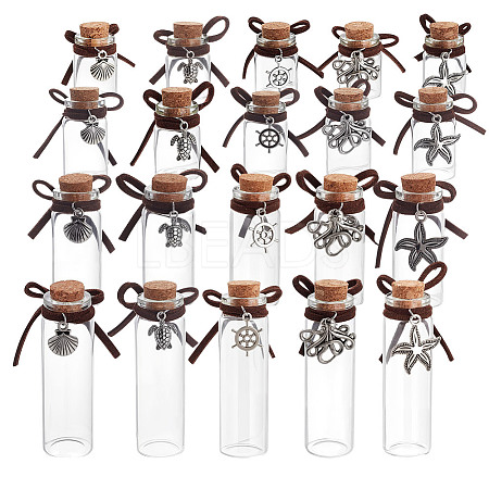 20Pcs 20 Styles Sea Animals Ttheme Transparent Glass Empty Bottles with Alloy Pendants AJEW-DR00031-1