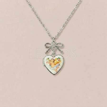 Brass Enamel Bowknot Angel Heart Photo Locket Pendant Necklaces for Women KK-CBAF5B9-03P-1
