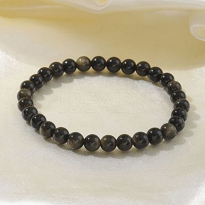 Natural Golden Sheen Obsidian Bead Stretch Bracelets BJEW-K212-A-020-1