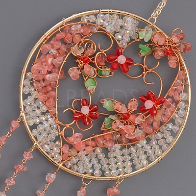 Brass Wire Wrapped Natural Rose Quartz Chips Heart Pendant Decorations HJEW-D302-14-1