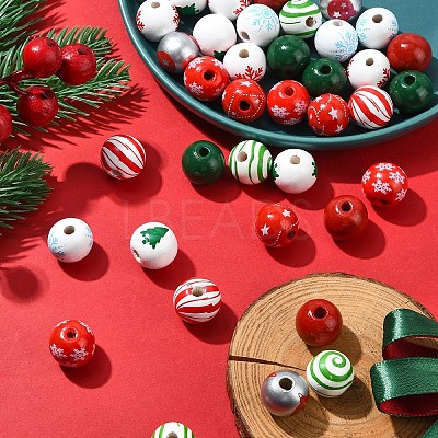 40Pcs 10 Styles Painted Natural Wood European Beads WOOD-YW0001-24-1