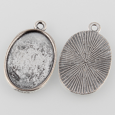 Tibetan Style Antique Silver Alloy Flat Oval Pendant Cabochon Settings X-TIBEP-M022-37AS-1