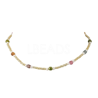 Faceted Cube Natural Multicolor Tourmaline and Glass Seed Beads Beaded Necklaces for Women NJEW-JN06668-1