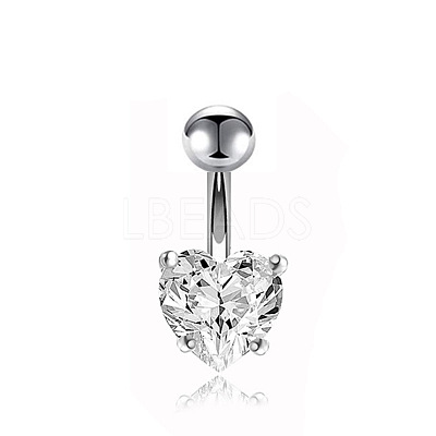 304 Stainless Steel Clear Cubic Zirconia Heart Curved Barbell Belly Rings WG52F32-04-1