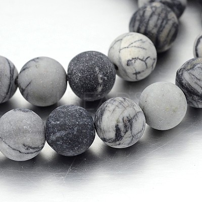 Frosted Round Natural Black Silk Stone/Netstone Bead Strands G-J276-65-10mm-1