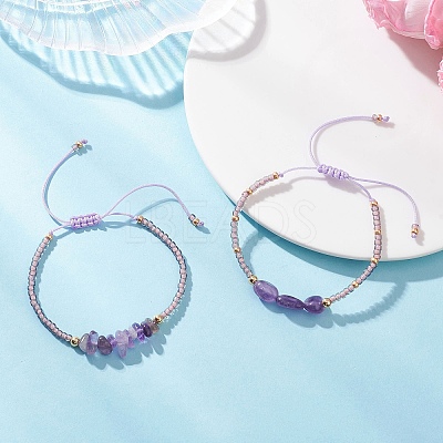 2Pcs Natural Amethyst & Glass Seed Beads Braided Bead Bracelets for Women BJEW-MZ00247-04-1