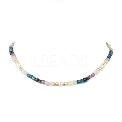 Natural Apatite & Aquamarine & Amethyst & Rose Quartz & Lapis Lazuli Faceted Cube and Pearl Beaded Necklaces NJEW-JN06302-1