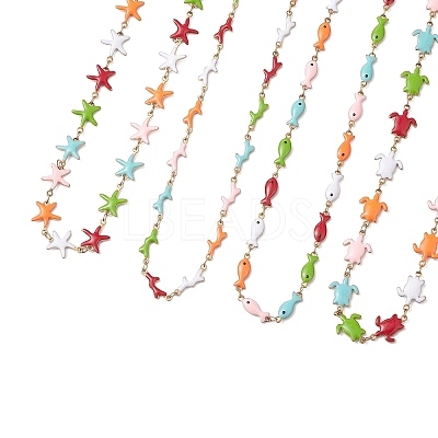 Ocean 304 Stainless Steel Colorful Enamel Starfish Fish Turtle Link Chain Necklaces for Women NJEW-JN05806-1