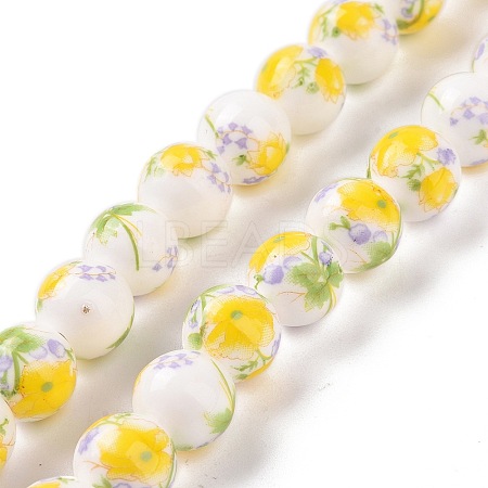 Handmade Printed Porcelain Round Beads Strands PORC-L004-10mm-05-1