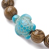 Natural Wood Round & Synthetic Turquoise Turtle Beaded Stretch Bracelet for Women BJEW-JB09699-06-3