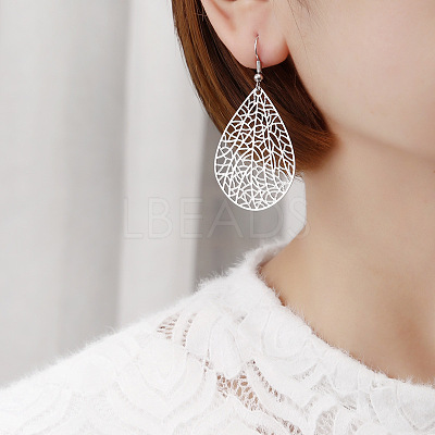 Teardrop with Hollow Leaf Pattern Brass Dangle Earrings FS-WG94C34-01-1