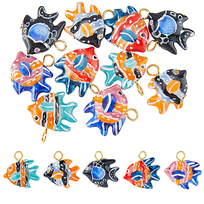 10Pcs 5 Colors Hand Painted Fish Porcelain Pendants. with Iron Loops PALLOY-HS00025-1
