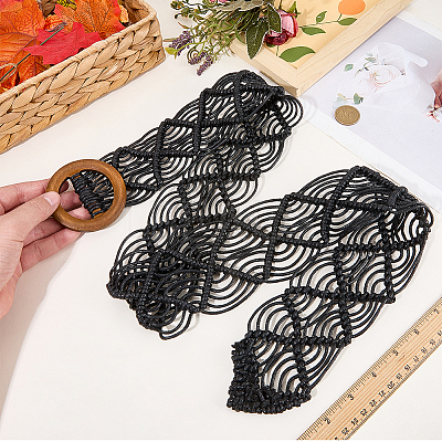 Cloth Woven Rhombus with Wood Chain Belts for Women AJEW-WH20019-125C-1
