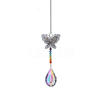 Glass Teardrop Sun Catcher Hanging Prism Ornaments with Iron Butterfly HJEW-PW0002-14D-1