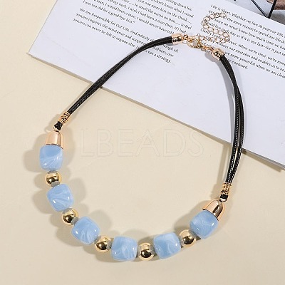 Resin Cube & Round CCB Plastic Beaded Necklaces with Leather Cords for Women WG0341F-03-1