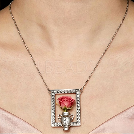 Alloy Rectangle Photo Frame with Vase Pendant Necklaces for Dried Flowers AL-CBA3C8B-18P-1