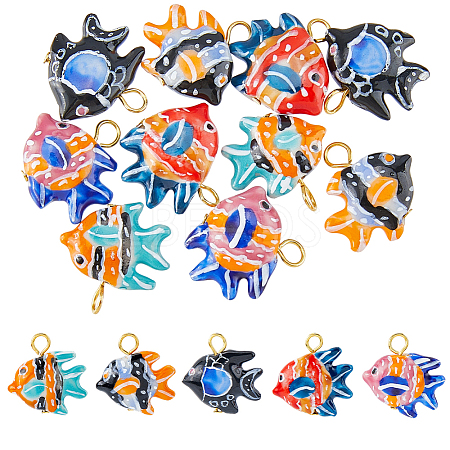 10Pcs 5 Colors Hand Painted Fish Porcelain Pendants. with Iron Loops PALLOY-HS00025-1