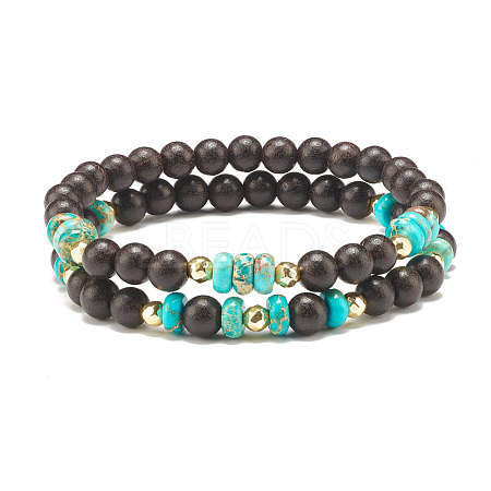 2Pcs 2 Style Natural Ebony Wood & Imperial Jasper Beaded Stretch Bracelets Set BJEW-JB07824-1