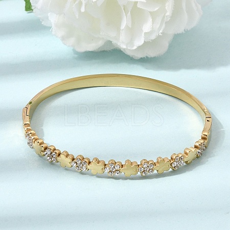 304 Stainless Steel Crystal Rhinestone Flower Hinged Cuff Bangles for Women SA-CBA61B8-12G-1
