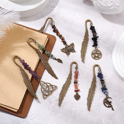 10Pcs Natural Mixed Gemstone Chips Beads and Alloy Pendant Bookmark AJEW-JK00349-1