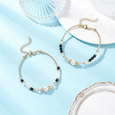 2Pcs Natural Rainbow Moonstone and Dyed Black Onyx and Shell Pearl Beads Bracelets for Women BJEW-JB12558-1