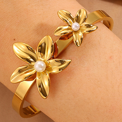 304 Stainless Steel & Imitation Pearl Hinged Bangles for Women WG2B9FA-01-1