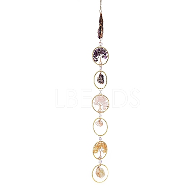 Flat Round with Tree of Life Natural Gemstone Chips Chandelier Hanging Suncatcher AJEW-Q143-03-1