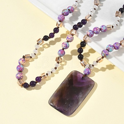 Natural Amethyst Rectangle Pendant Glass Beaded Long Necklaces GG-CBAE048-02A-1