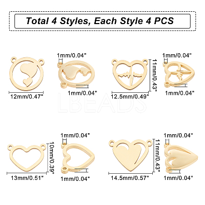16Pcs 4 Style PVD Vacuum Plating 304 Stainless Steel Pendants STAS-UN0029-35-1