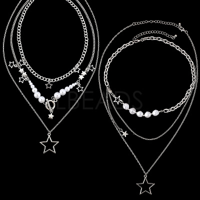 2 Sets 2 Styles Zinc Alloy Star Pendant Layered Necklaces for Women NJEW-SC0001-52-1