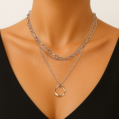 4Pcs 2 Colors Iron & Alloy 3 Layer Twisted Ring Pendant Necklaces for Women NJEW-HY0001-26-1