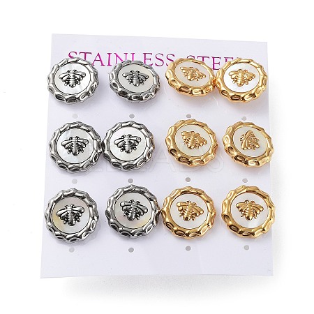 6 Pair 2 Color Bee Natural Shell Stud Earrings EJEW-A024-06-1