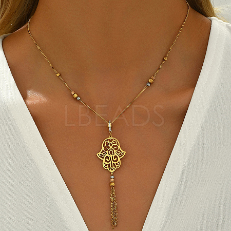 Bohemian Vintage Stainless Steel Crystal Rhinestone Geometric Hollow Flower Tassel Necklaces for Women AK3514-1