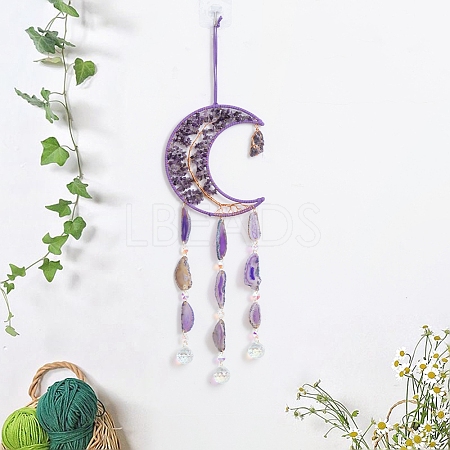 Copper Wire Wrapped Natural Amethyst Chip Moon with Tree of Life Hanging Suncatchers LS-PW-WG46161-01-1