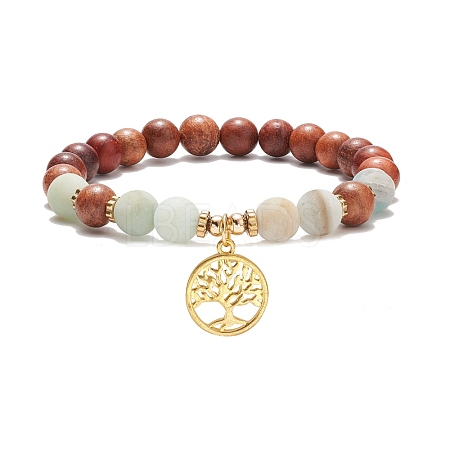 Natural Flower Amazonite & Wood & Synthetic Hematite Stretch Bracelet with Brass Tree of Life BJEW-JB08405-1