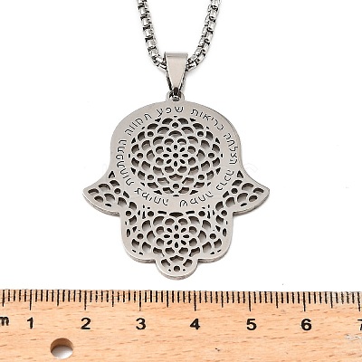 201 Stainless Steel Hollow Religion Hamsa Hand Pendant Necklaces NJEW-M086-01P-1