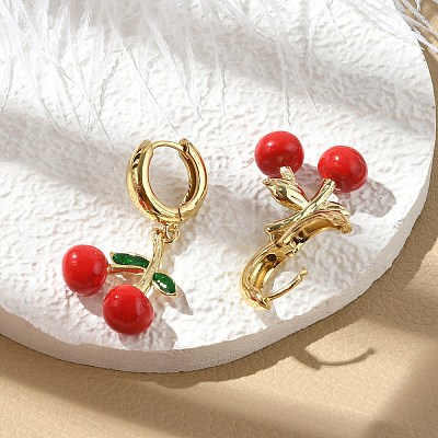 Cherry Brass Enamel Hoop Earrings EJEW-M077-14G-03-1