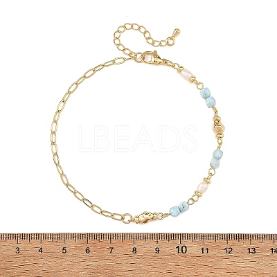 Faceted Cube Natural Larimar Brass Paperclip Chain Anklets with Natural Pearl for Women AJEW-AN00887-1