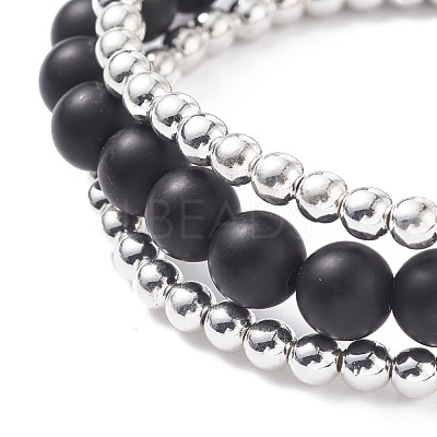 3Pcs 3 Style Round Synthetic Black Stone & Hematite Beaded Stretch Bracelets Set BJEW-JB07688-03-1